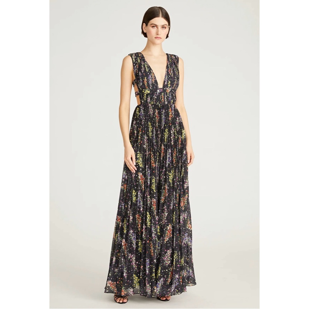 Amur Valentino Deep-V Floral Chiffon Gown, size 8